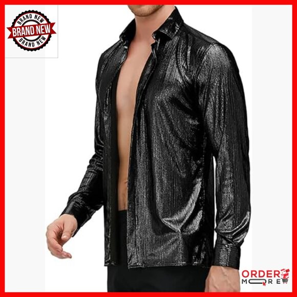 Men's Metallic Sequins Button Down Shirt Long Sleeve Party Disco Costume Top